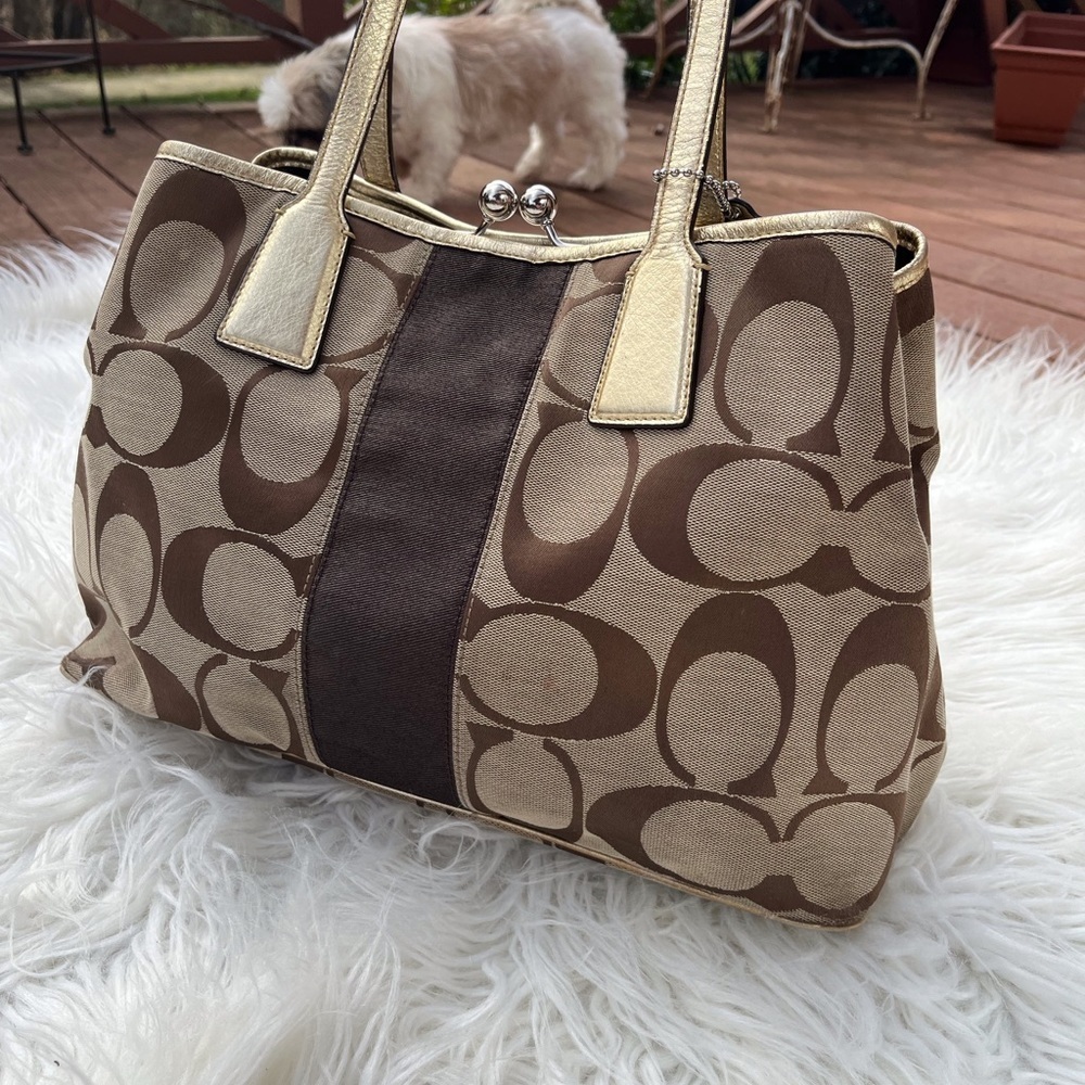 Coach SIgnature Handbag Purse Large "C" Satchel Tote Gold Tone Trim w/ Hangtag - Picture 3 of 14